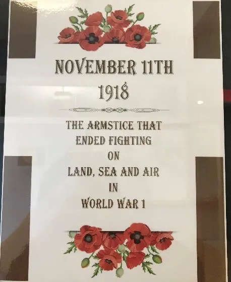 Remembrance Day plaque recognizing the Armistice of November 11th 1918