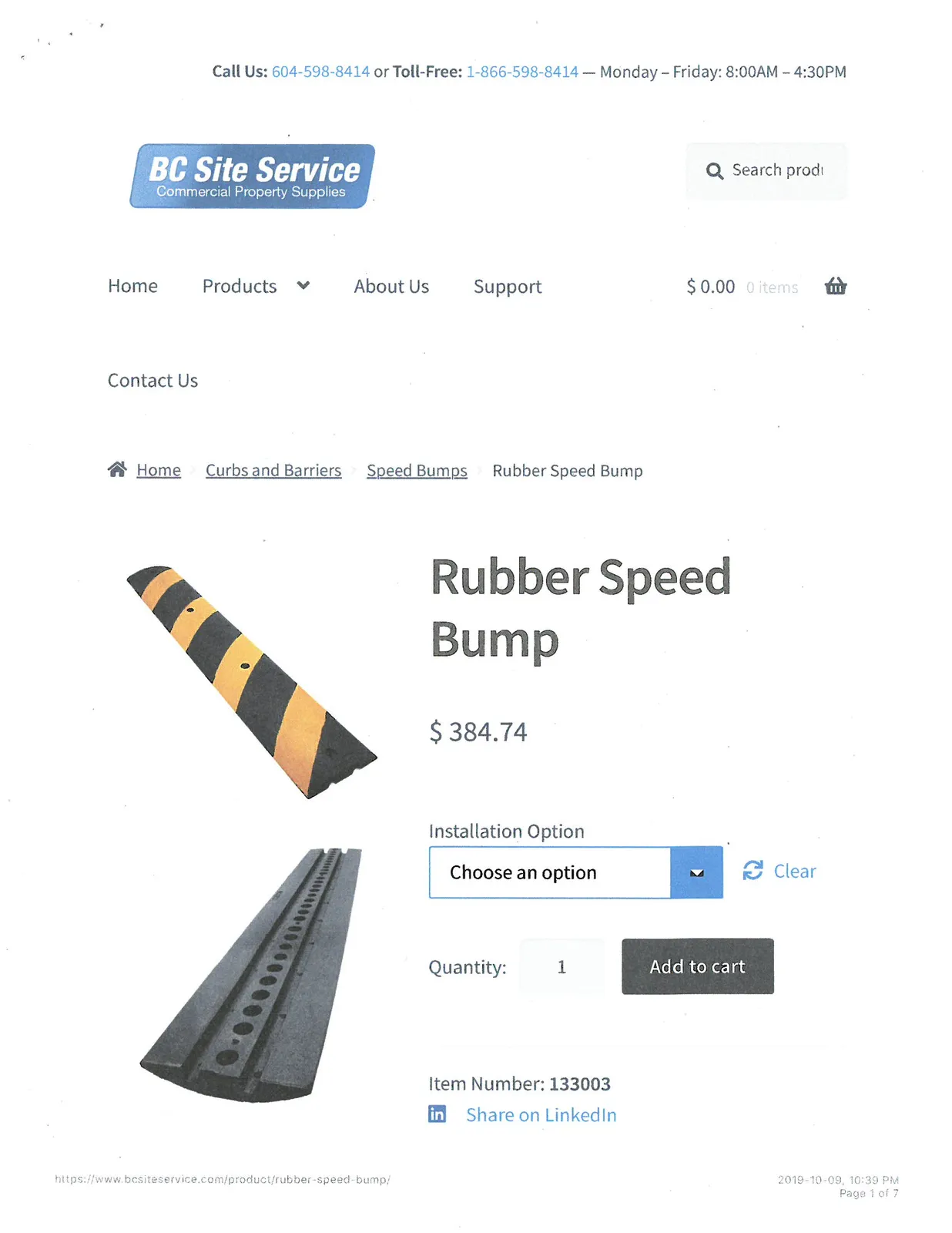 Two views of a rubber speed bump, one showing the top with yellow stripes and the other showing the underside with drainage channels.