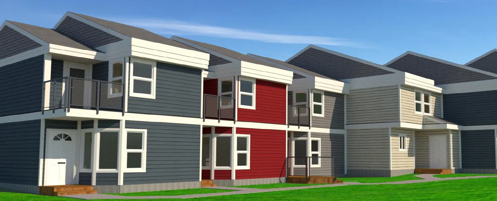 Architectural rendering showing proposed multi-colored siding on the housing units