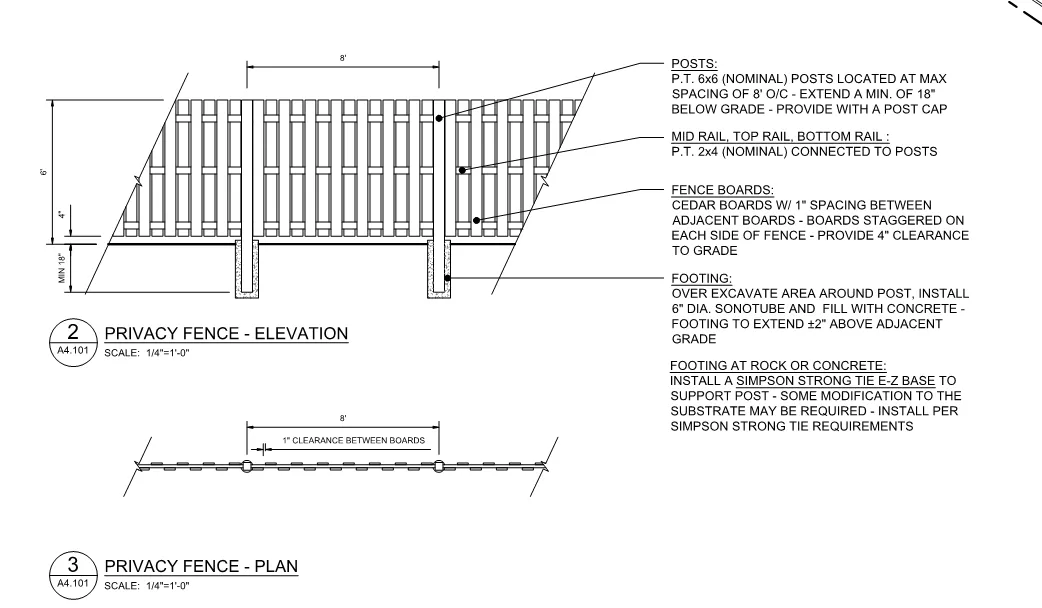 Technical diagram showing the elevation and plan views for the proposed privacy fence construction