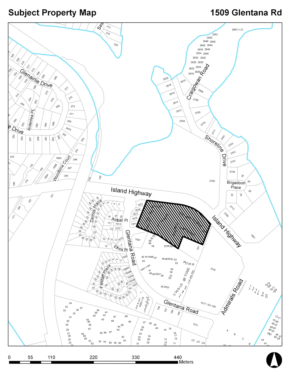 Map showing the subject property at 1509 Glentana Rd, highlighted with diagonal hatching, along with surrounding streets including Island Highway, Glentana Road, Craigowan Road, and Shoreline Drive.