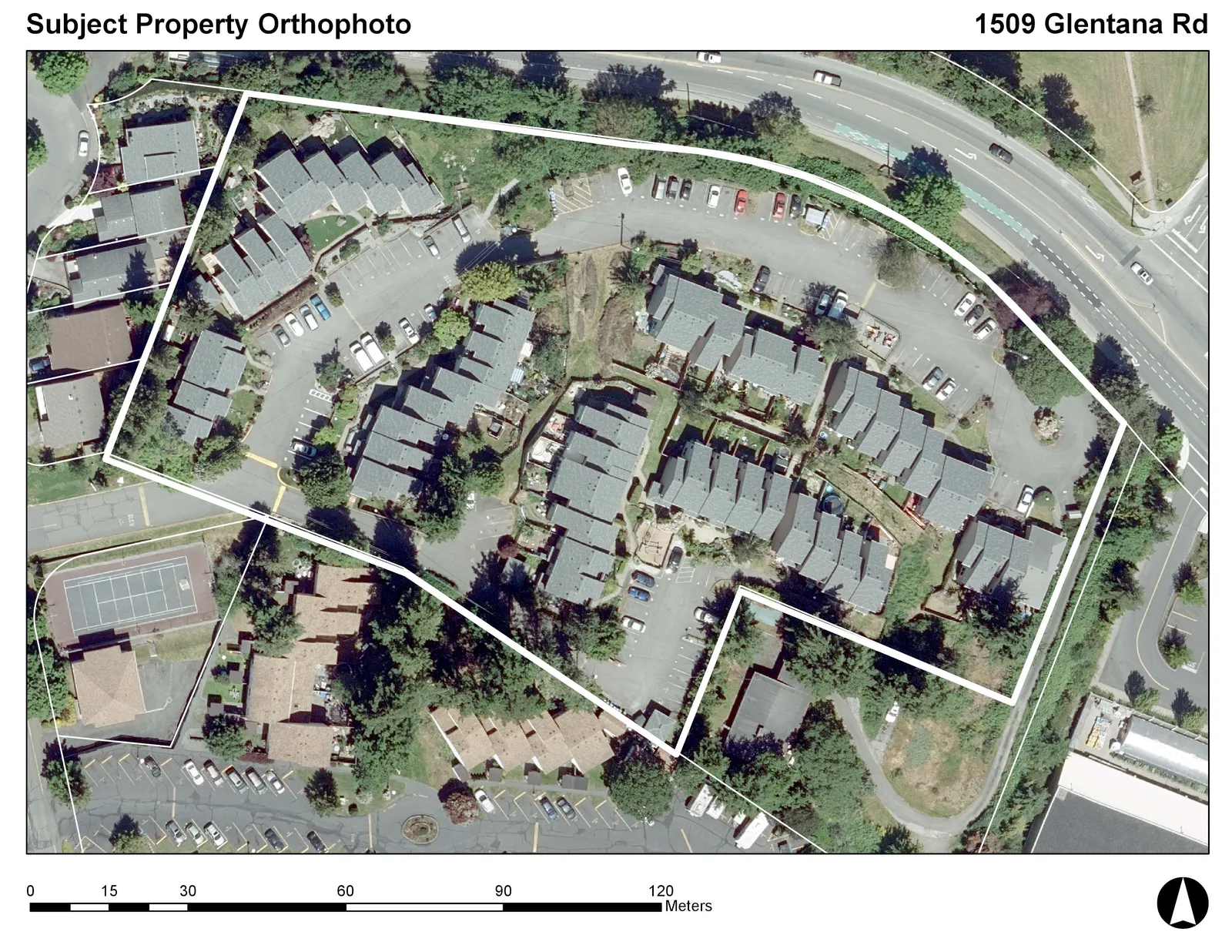 Aerial orthophoto of the subject property at 1509 Glentana Rd with the property boundary outlined in white, showing the layout of buildings, parking areas, and adjacent features such as a tennis court and Island Highway.
