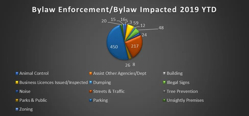 Pie chart titled Bylaw Enforcement/Bylaw Impacted 2019 YTD showing the distribution of bylaw activities including Parking and Streets & Traffic as the largest segments