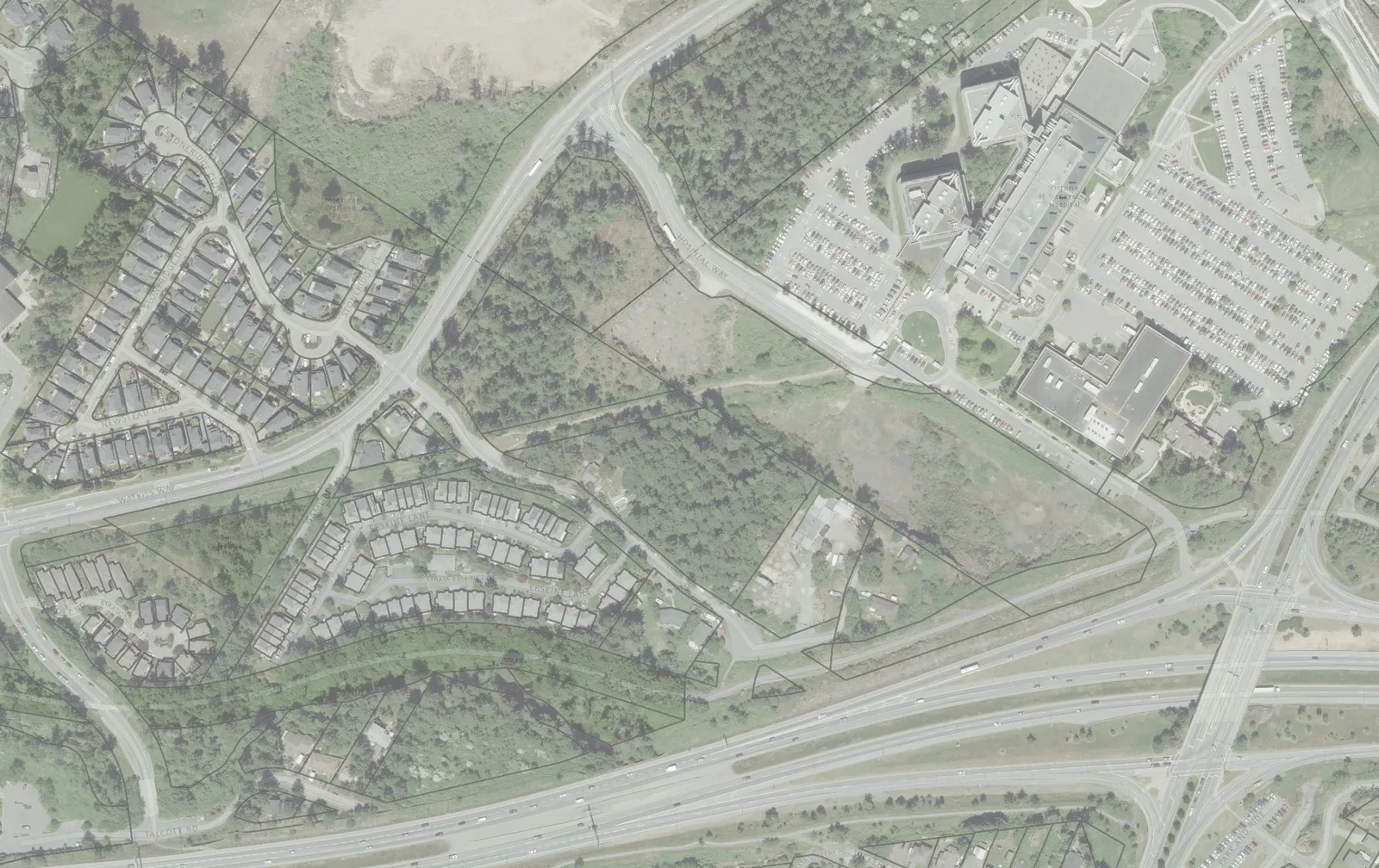 Aerial map showing the development site at Erskine Lane, surrounding roads, and highlighted walking paths to nearby bus stops and the hospital