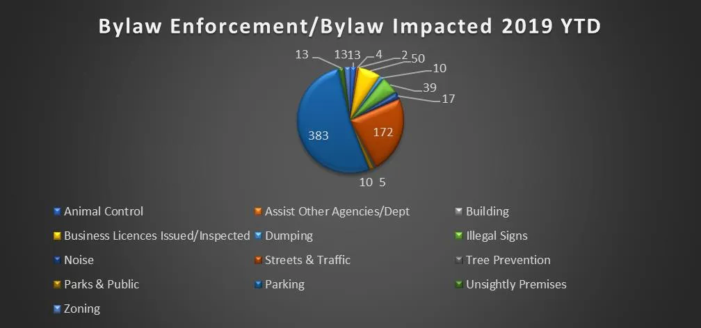 Pie chart titled "Bylaw Enforcement/Bylaw Impacted 2019 YTD" showing the distribution of bylaw-related occurrences by category