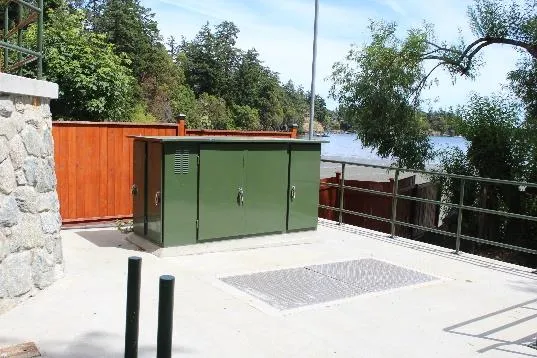 View of new electrical control kiosk and new valve chamber on lower tier of Price Bay PS