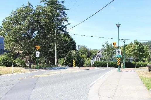 View of completed pedestrian controlled crossing on Atkins Road