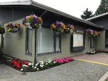 Flower baskets and plants at Town Hall entrance