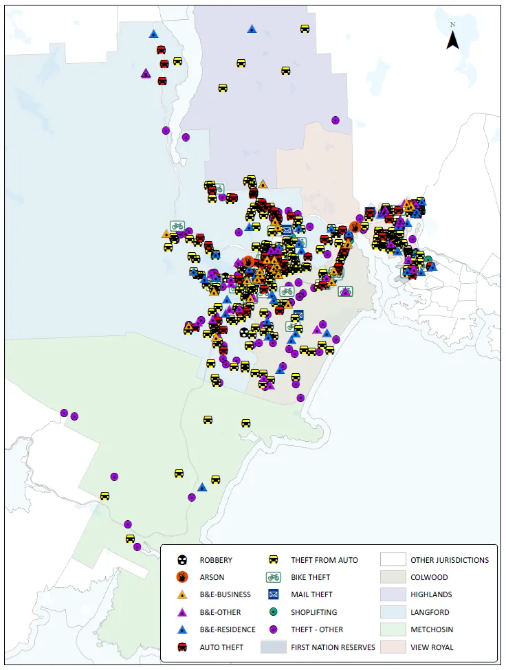 General Crime Map of the West Shore area for the period of Jan 1 to June 30, 2019 showing various offence types