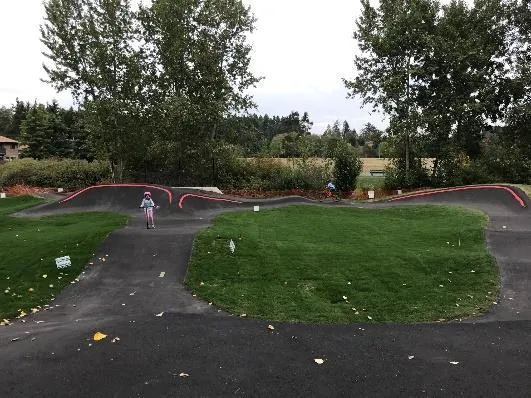 Close-up of the landscaped pump track area