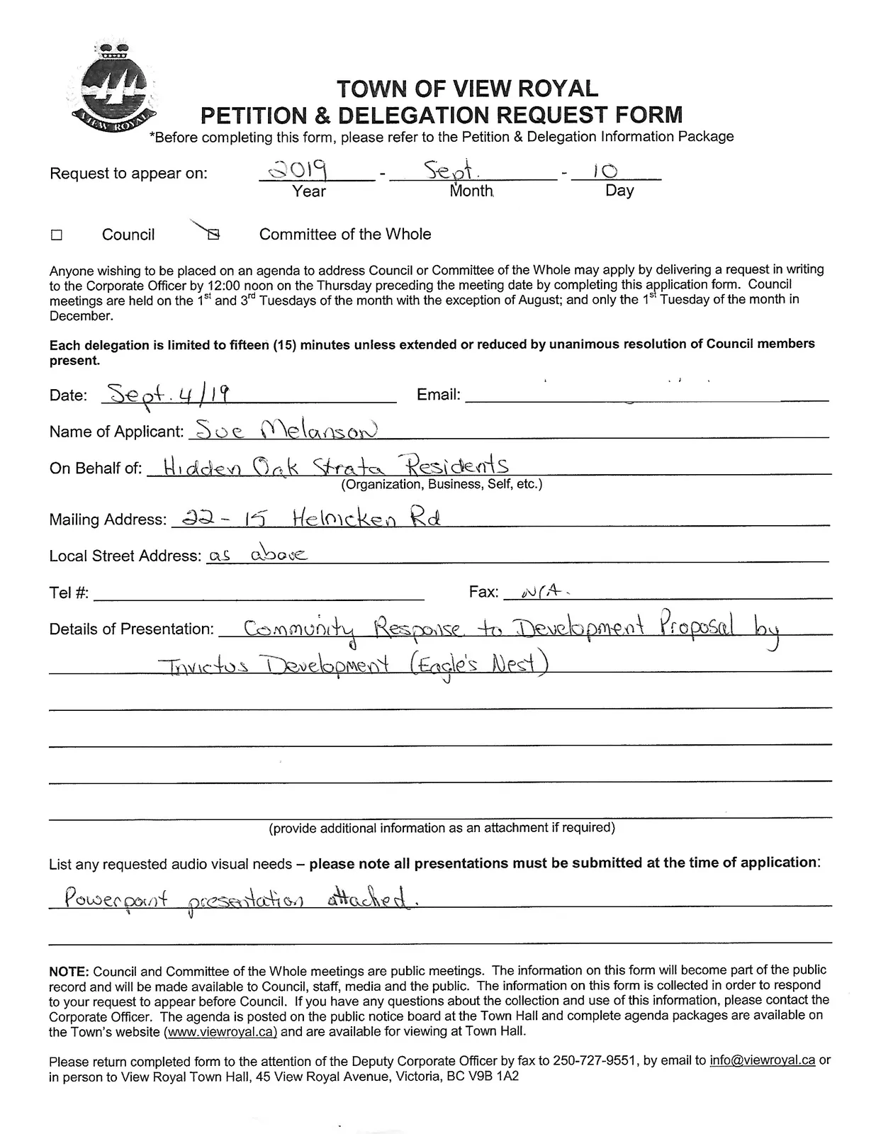 Completed Petition & Delegation Request Form for Sue Melanson on behalf of Hidden Oak Strata Residents