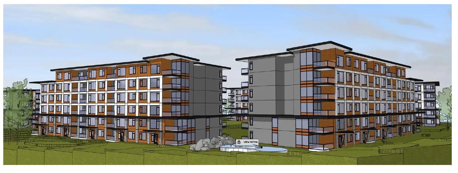 Colored architectural rendering of the 2018 proposal as viewed from the Burnside/Helmcken intersection