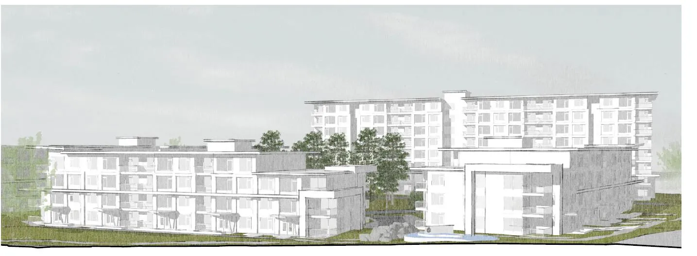 Grayscale architectural rendering of the revised four-building proposal