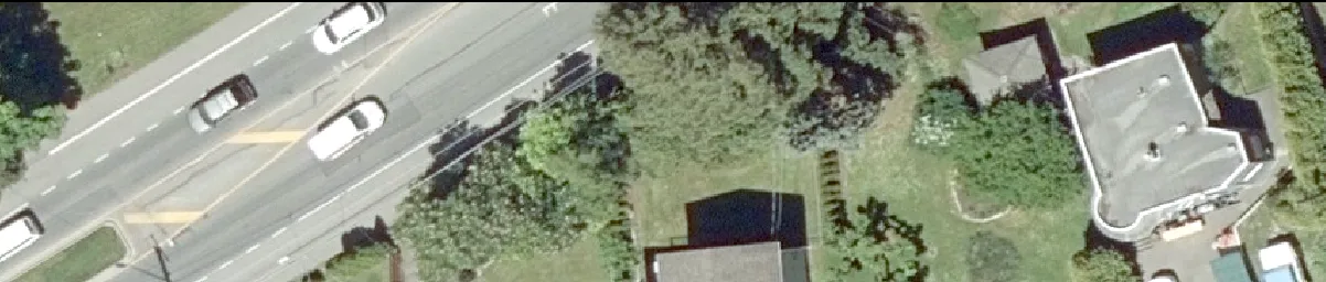 Aerial detail of Burnside Road W showing several traveling vehicles