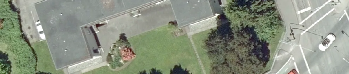 Aerial detail of a residential rooftop and property grounds