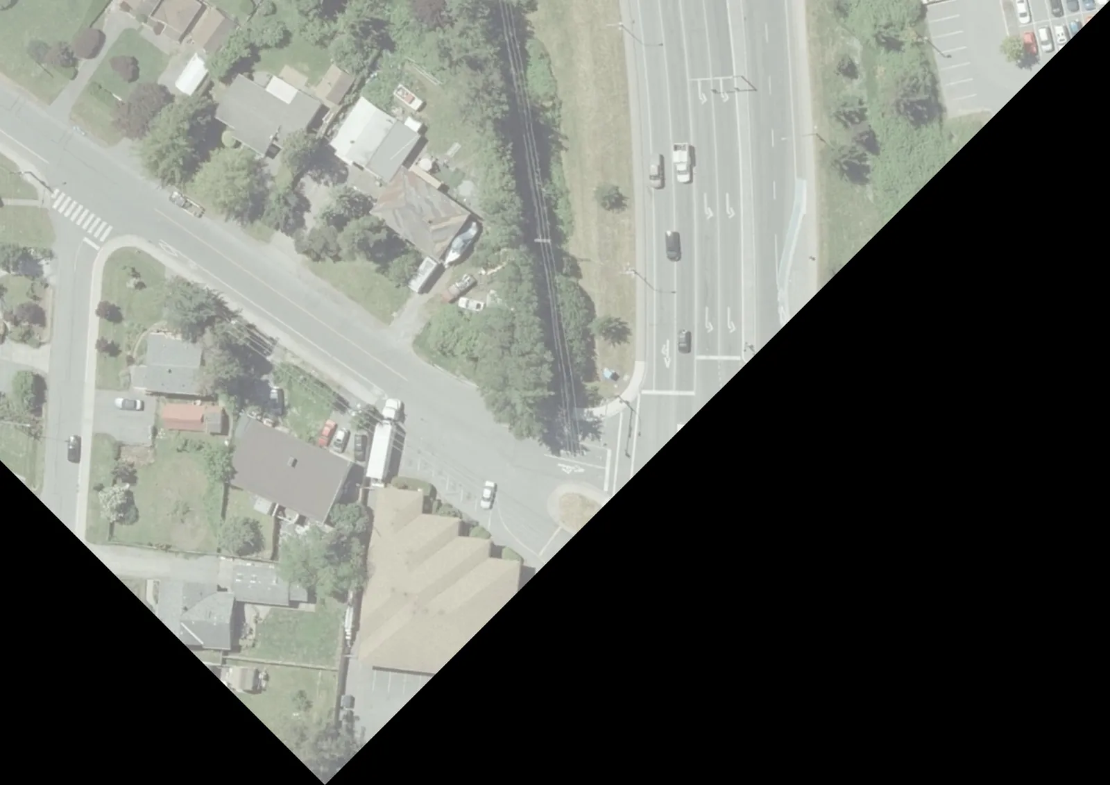 Aerial map segment showing the intersection area of Helmcken Road and Watkiss Way