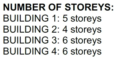Table listing the number of storeys for Buildings 1 through 4