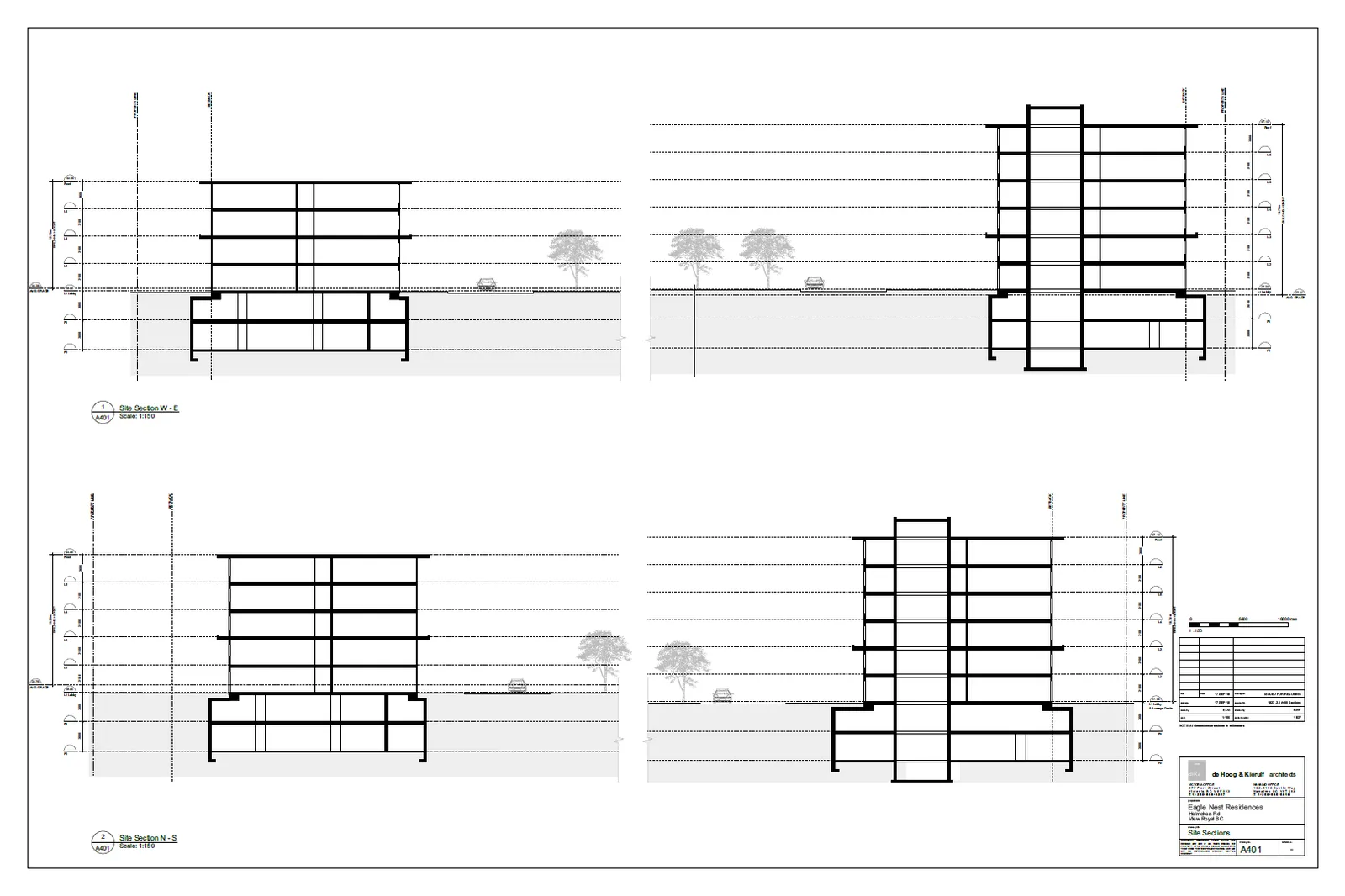 Architectural site sections for Buildings 1, 2, 3, and 4