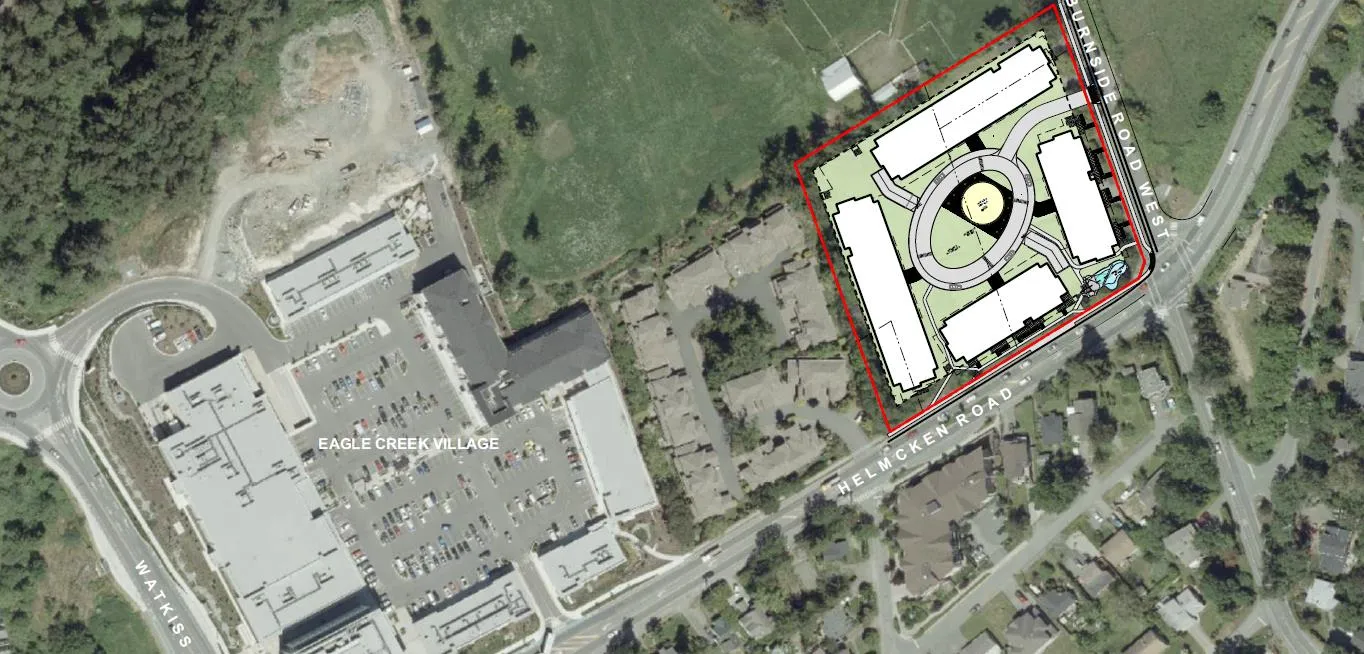 Aerial photograph showing building footprints numbered 1 through 4 at the corner of Burnside Road and Helmcken Road