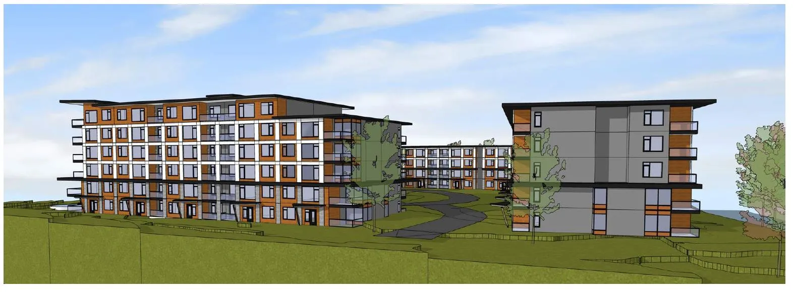 Elevation rendering along Burnside Rd. W showing the access driveway and proposed buildings