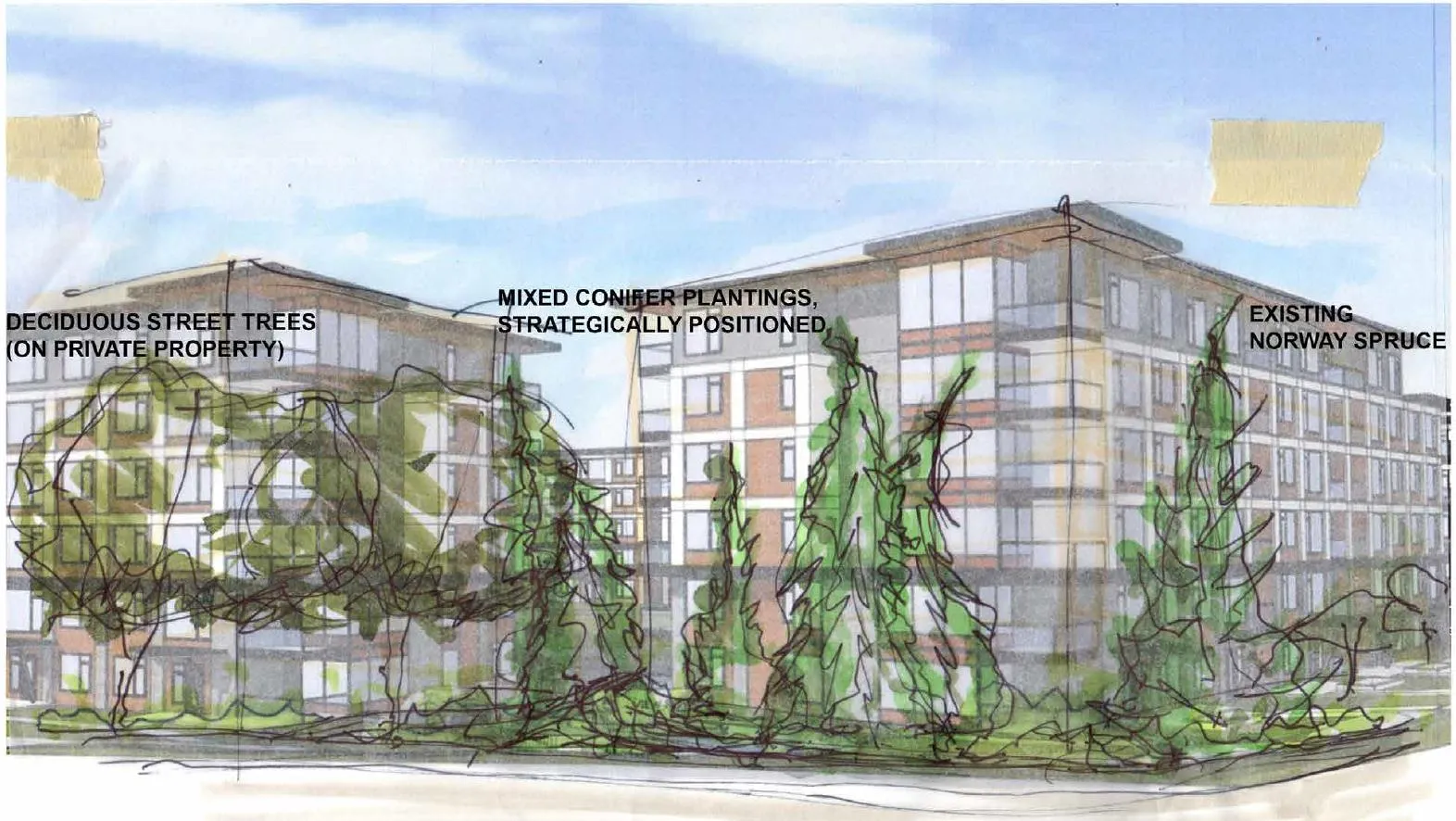 Perspective elevation rendering of the proposed development at the corner of Burnside and Helmcken Road