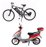 Illustration of an electric bike and a red motor-assisted scooter