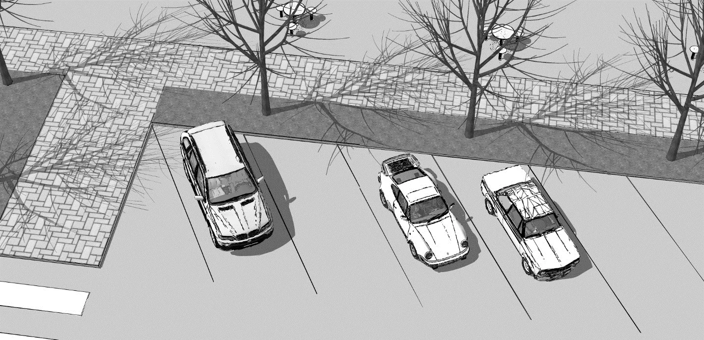 Rendering of three cars parked in angle parking spaces