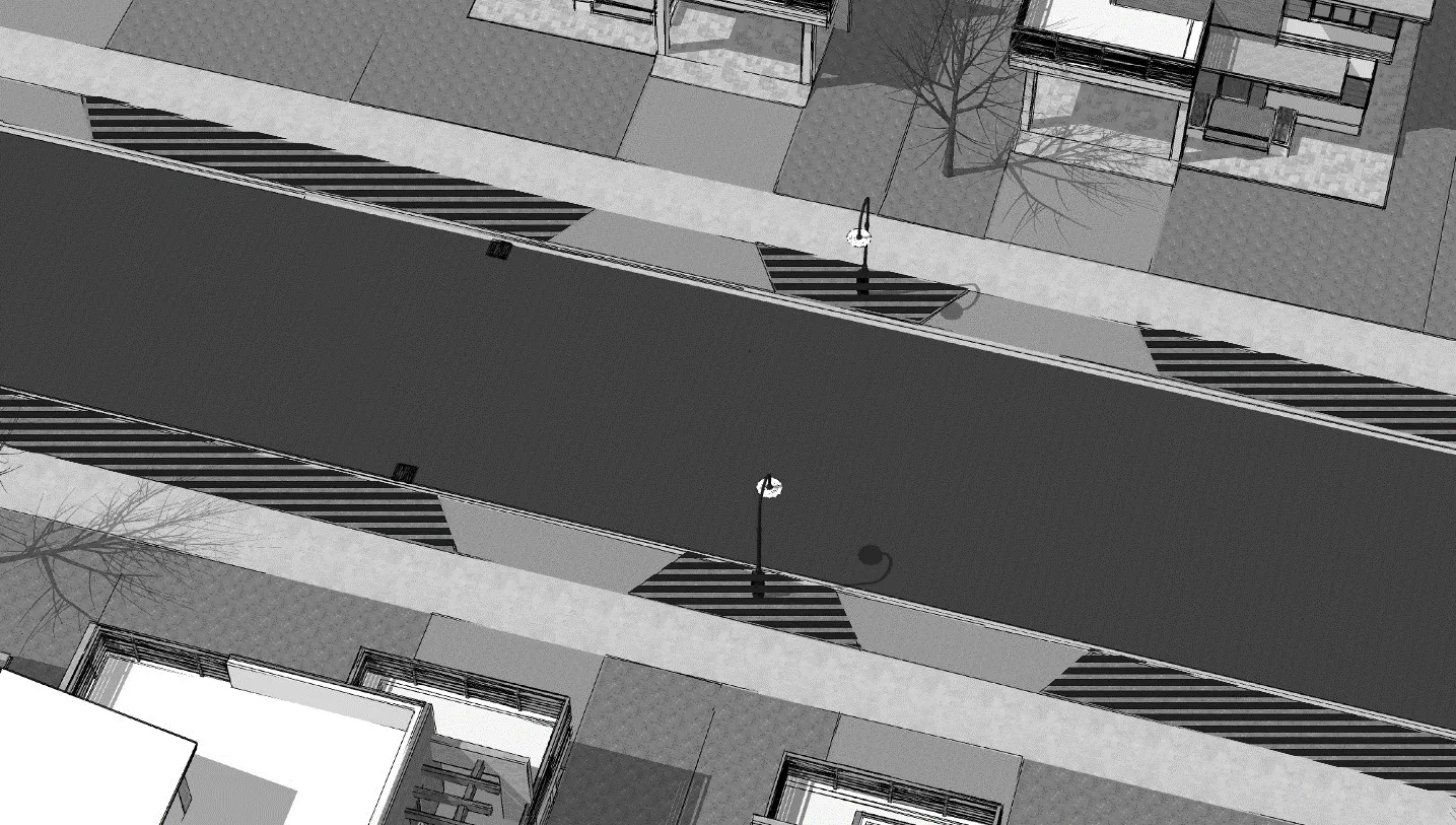 Overhead rendering of a street roadway showing striped bus stop zones