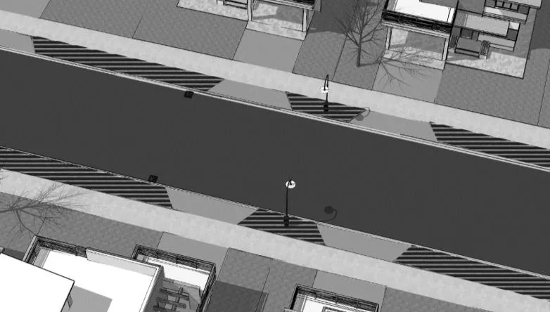 Rendering of a street view showing boulevards between properties and roadways