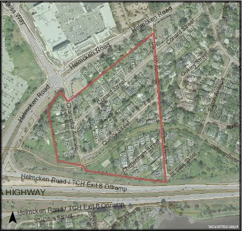 Aerial map of Chancellor Park neighborhood with red boundary outline.