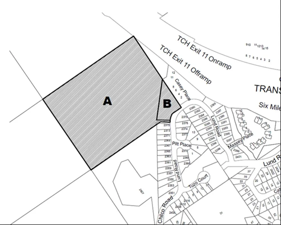 Location Plan map showing two large shaded parcels of land labeled A and B, situated near the TCH Exit 11 Onramp and Offramp, and bordered by residential streets including Casey Place, Lund Road, Pitt Place, and Tuzo Court.