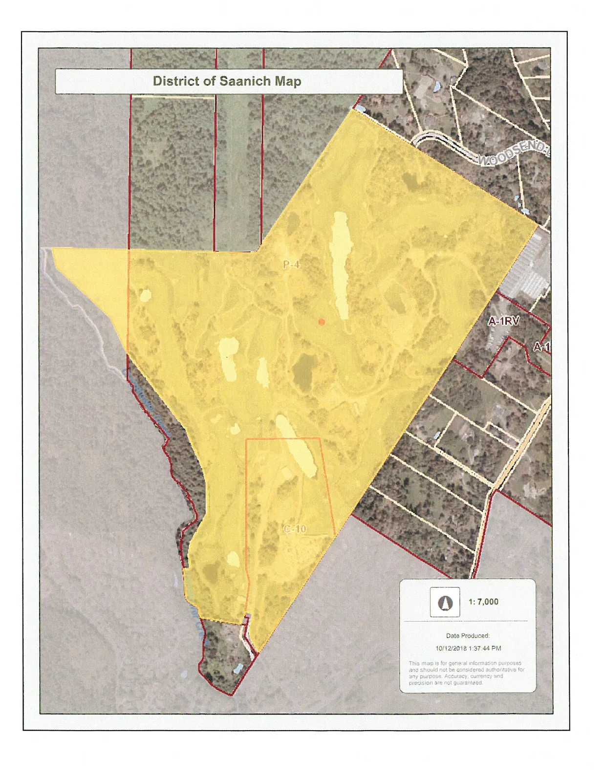 Map of land parcels in the District of Saanich, with large areas highlighted in yellow and labeled with designations including P-4, C-10, A-1RV, and A-1.