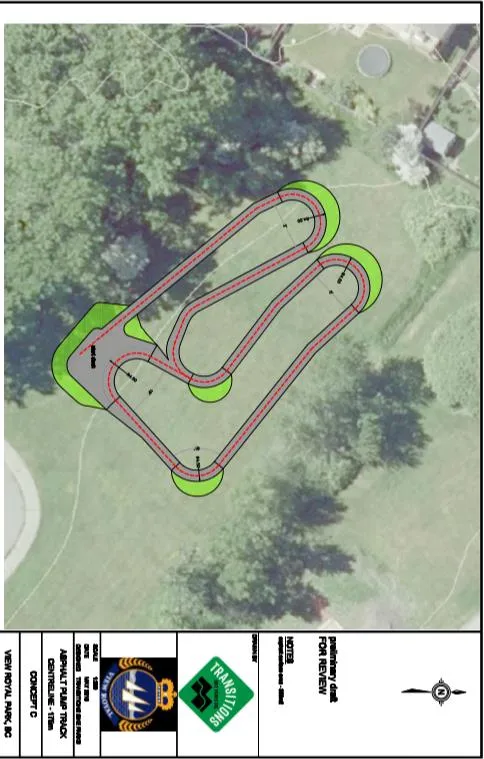 Aerial site plan rendering of Concept "C" for an asphalt pump track at View Royal Park, showing the 175m centerline track layout and surrounding terrain.