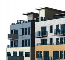 Detail rendering of building corner and balcony stacks