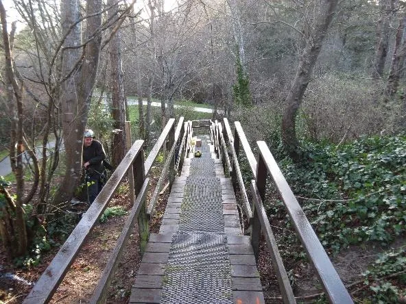 View looking down the old wooden staircase leading into Portage Park