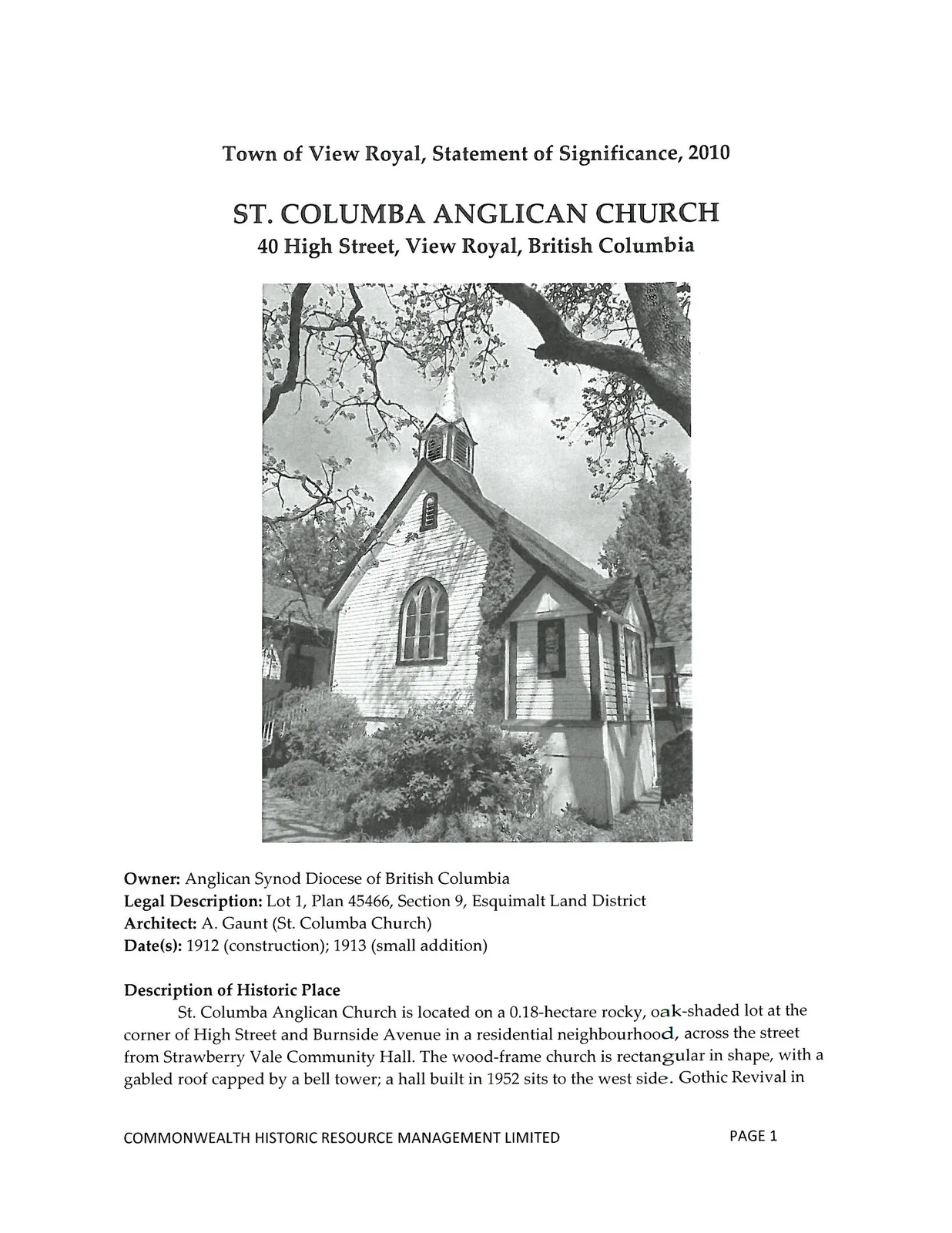 Black and white photograph of St. Columba Anglican Church, showing its exterior wood-frame construction, gabled roof, and a bell tower with a tall octagonal spire.