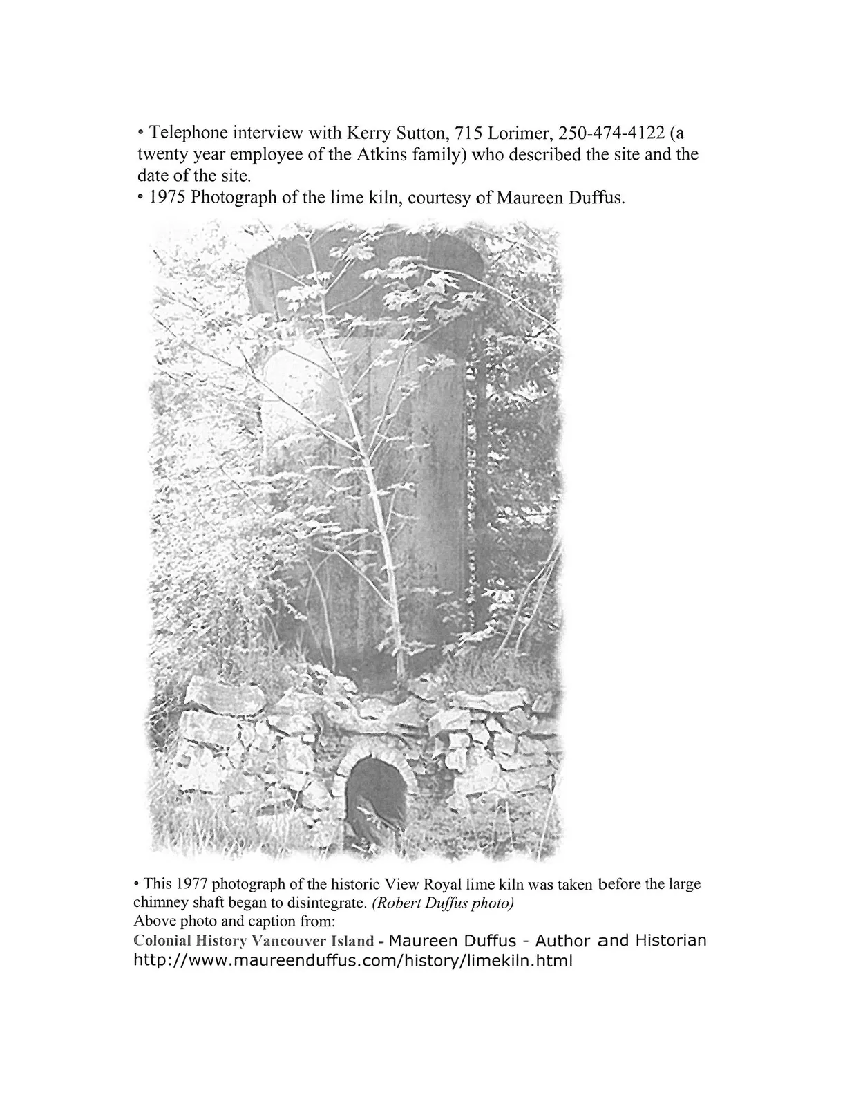 1977 photograph of the historic View Royal lime kiln