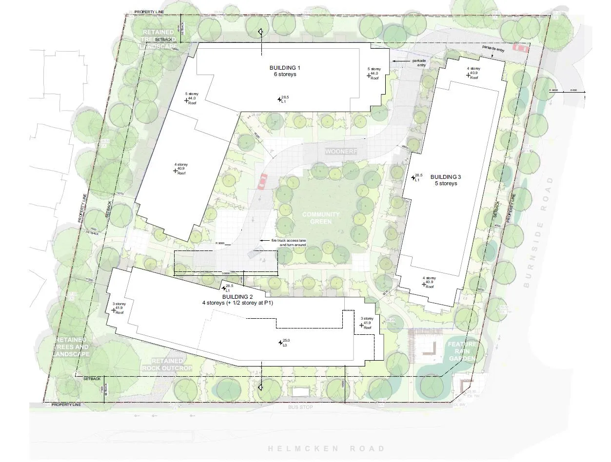 Site plan overview showing Building 1, 2, and 3 layout with central community green and woonerf