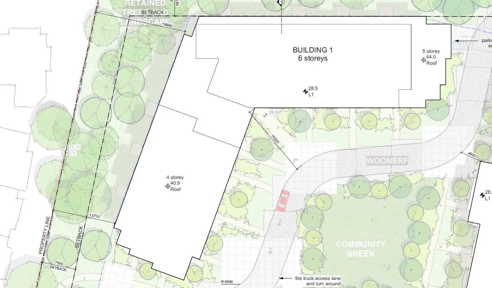 Close-up site plan of Building 1 showing floor heights ranging from 4 to 6 storeys