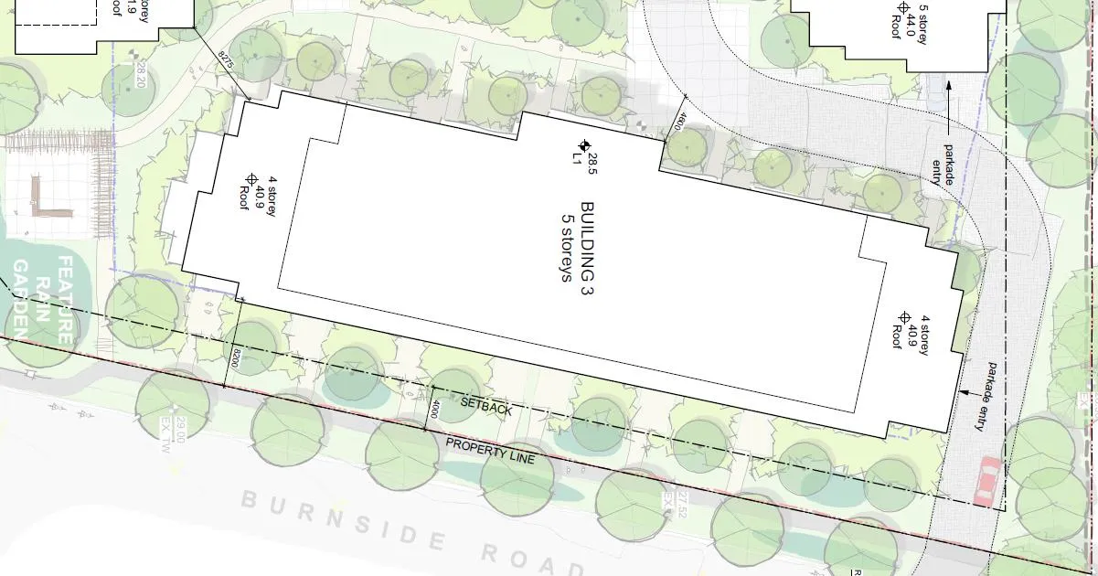 Close-up site plan of Building 3 showing floor heights ranging from 4 to 5 storeys