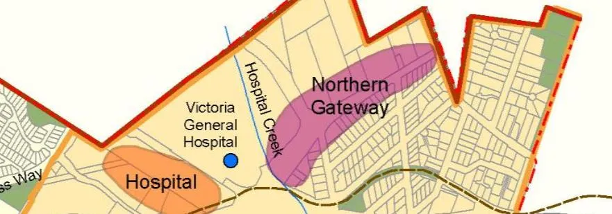 Official Community Plan map showing the subject property located within the Northern Gateway Community Corridor near Victoria General Hospital