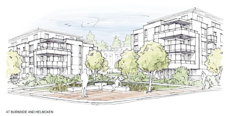 Artistic architectural sketch of the proposed development at the intersection of Burnside and Helmcken
