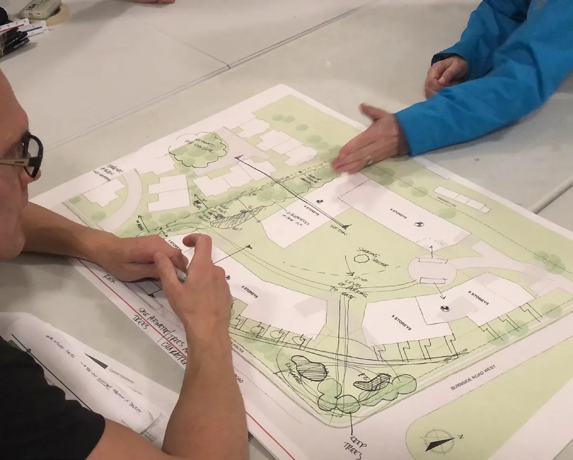 Workshop participants reviewing a site plan layout