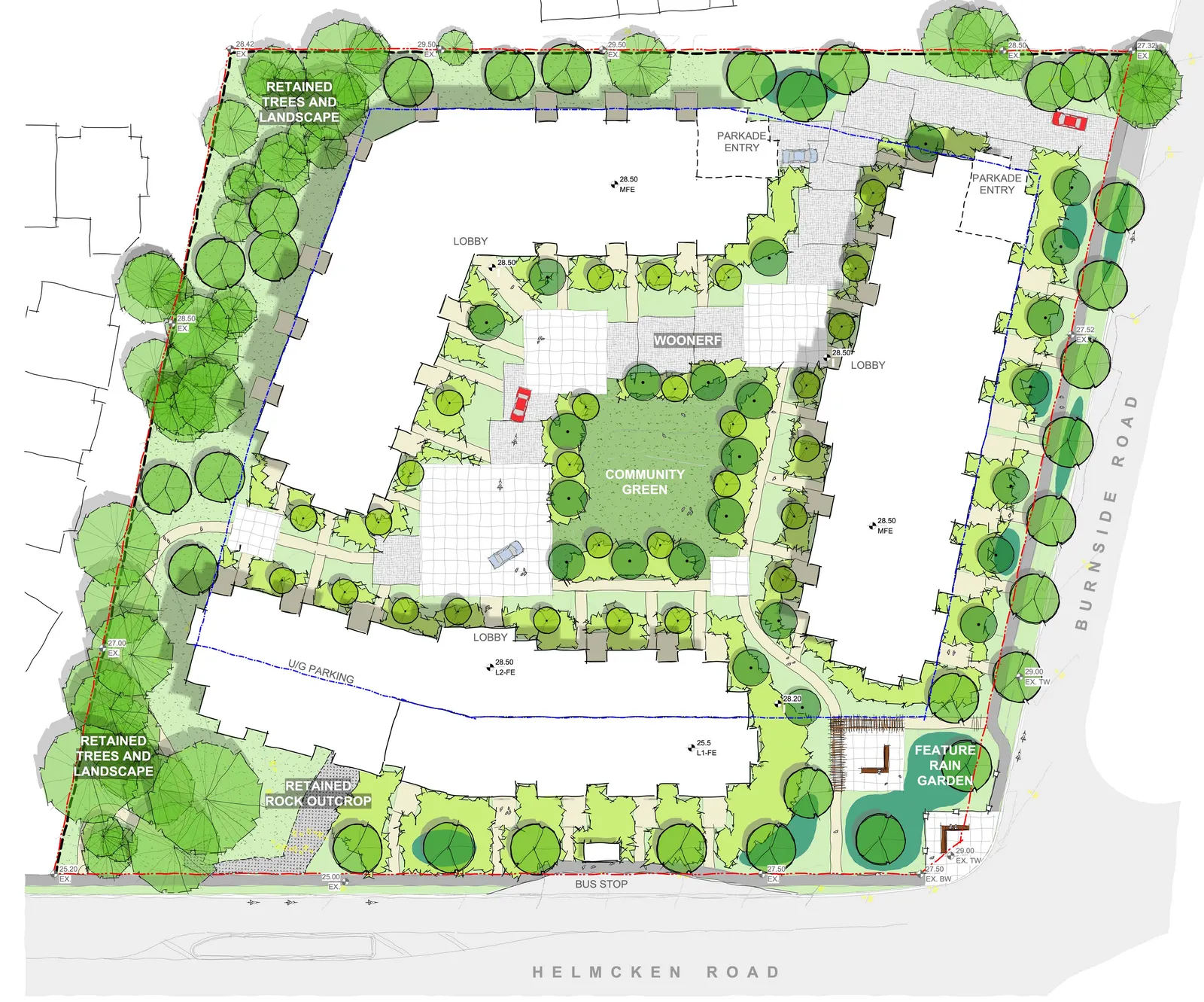 Architectural Site Plan for Eagle Nest Residences at 3 Helmcken Road, Victoria, BC, featuring three residential buildings (Building 1: 6 storeys, Building 2: 4.5 storeys, Building 3: 5 storeys), a central community green, a woonerf, and various landscaped areas including a feature rain garden and retained rock outcrop.