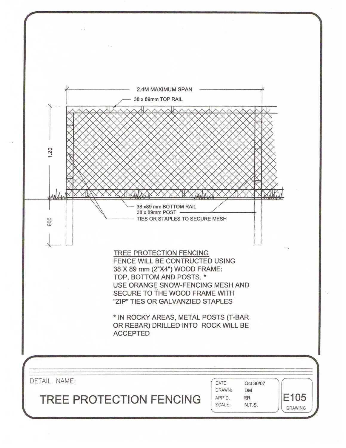 Technical drawing of tree protection fencing showing a 2.4m maximum span, a 1.20m height above ground, and a 600mm post depth below ground. Components labeled include 38 x 89mm top rail, 38 x 89mm bottom rail, 38 x 89mm post, and ties or staples to secure mesh.