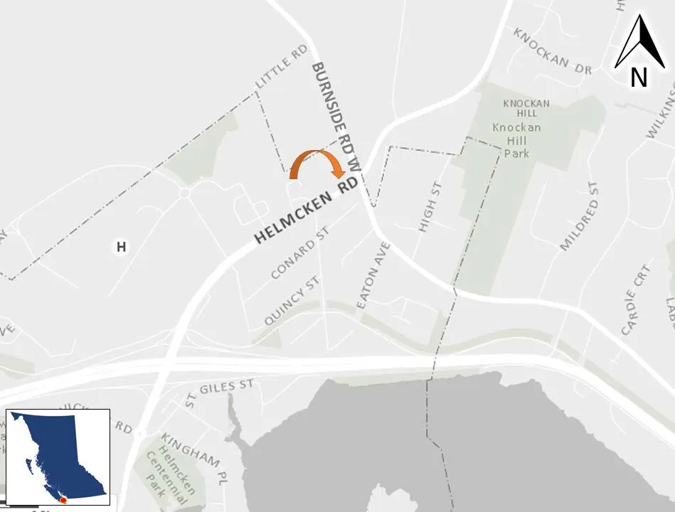 Figure 1. General Site Location (orange arrow) at Helmcken Road and Burnside Road W, View Royal, BC.