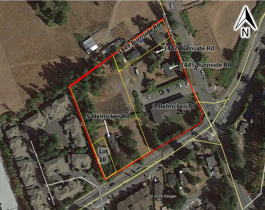 Figure 2. Approximate Site Boundary (red outline) in View Royal, BC (ortho courtesy of Google Earth). Lots are outlined in yellow and civic addresses are bolded.