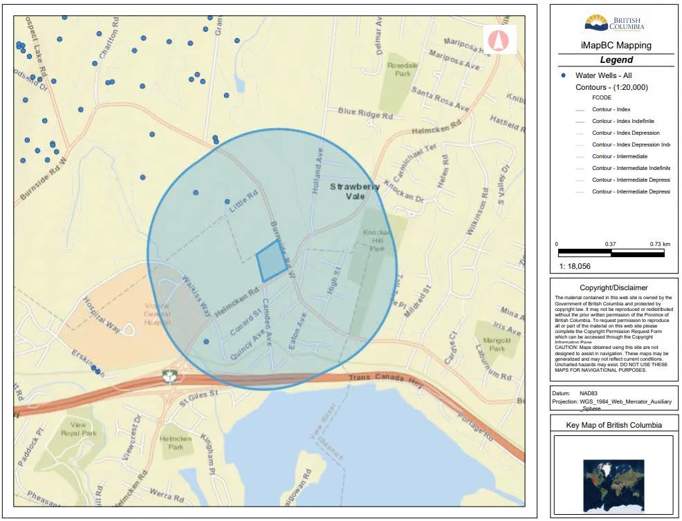 Figure 3. BC ENV Water Resource Atlas 500 m radius search results (iMapBC 2018).
