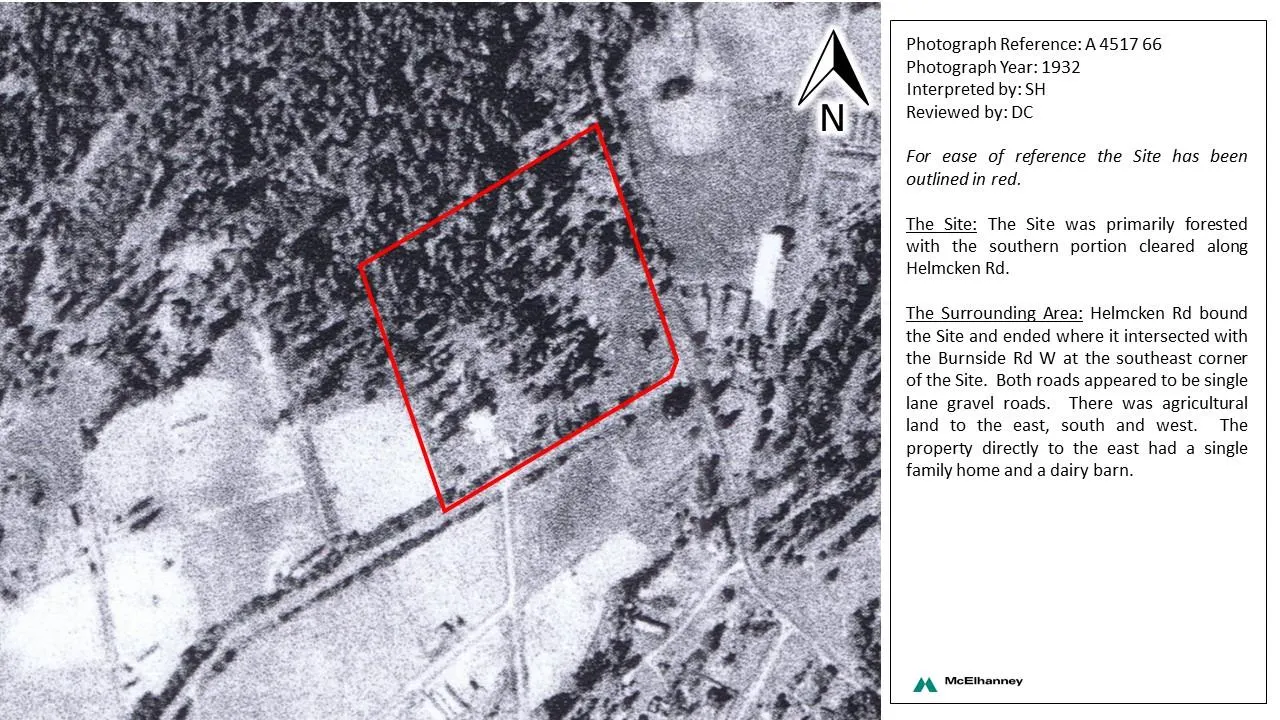 Aerial photograph from 1932 showing the Site outlined in red and surrounding agricultural land.