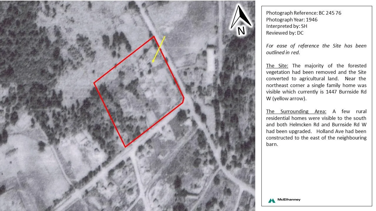 Aerial photograph from 1946 showing the Site outlined in red with majority of trees removed and a single family home at 1447 Burnside Rd W indicated by a yellow arrow.